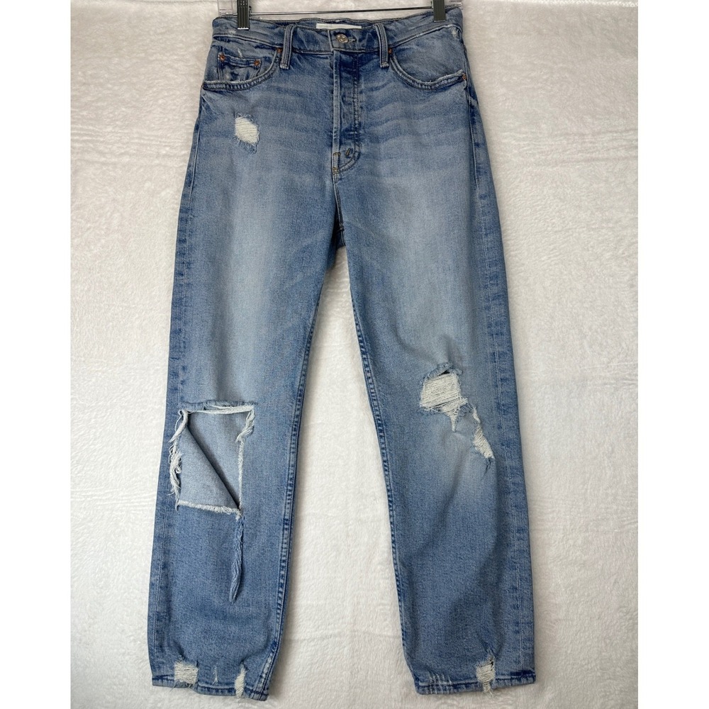 Mother Distressed Straight Leg Jeans Women 28 Blue High Rise Ripped Hem